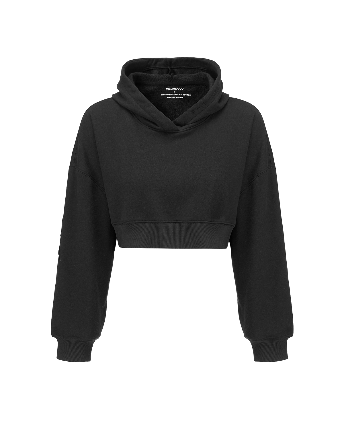 A black cropped pullover hoodie with a wide cowl neckline, long sleeves, and ribbed cuffs and hem, shown on a plain white background.