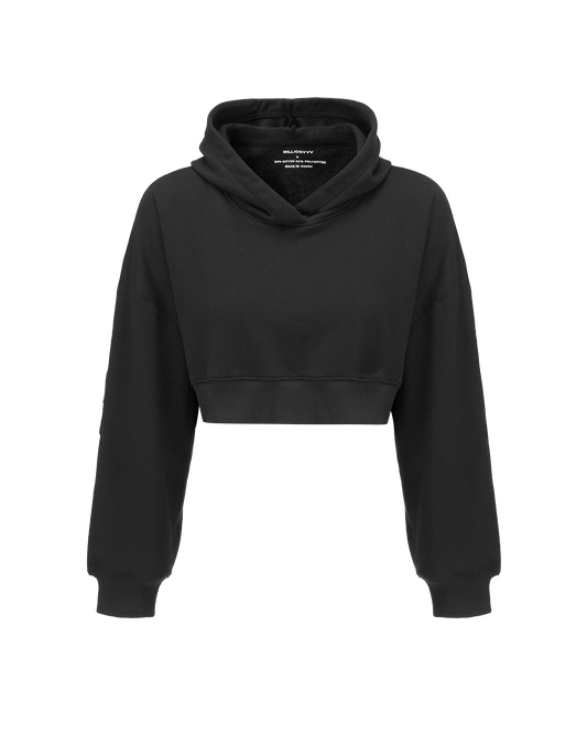 A black cropped pullover hoodie with a wide cowl neckline, long sleeves, and ribbed cuffs and hem, shown on a plain white background.